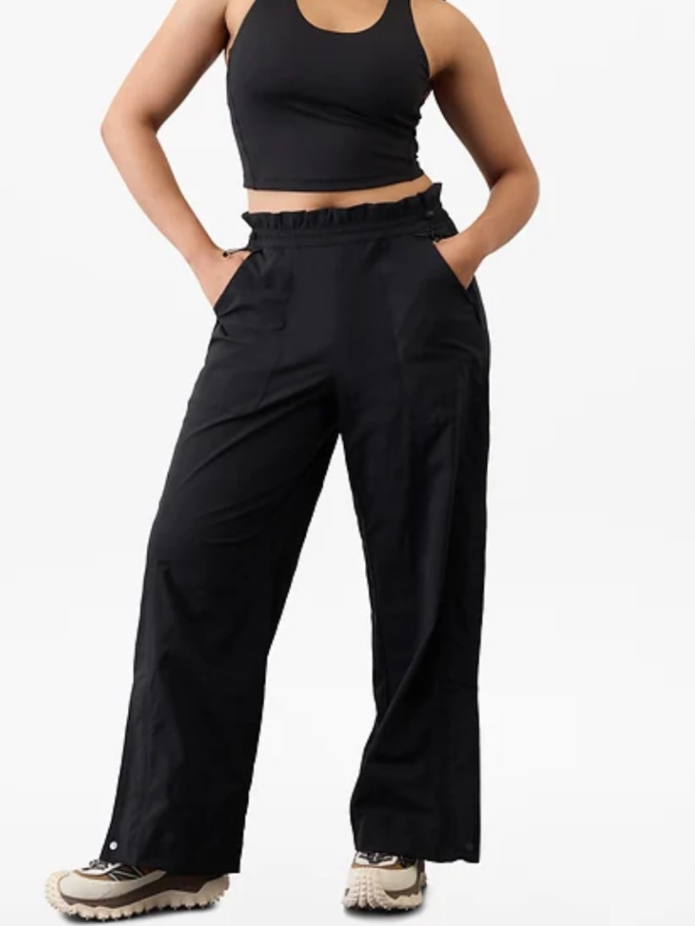ATHLETA Trekkie Wide Leg Parachute Pants Black Large Zip Hem Travel Utility